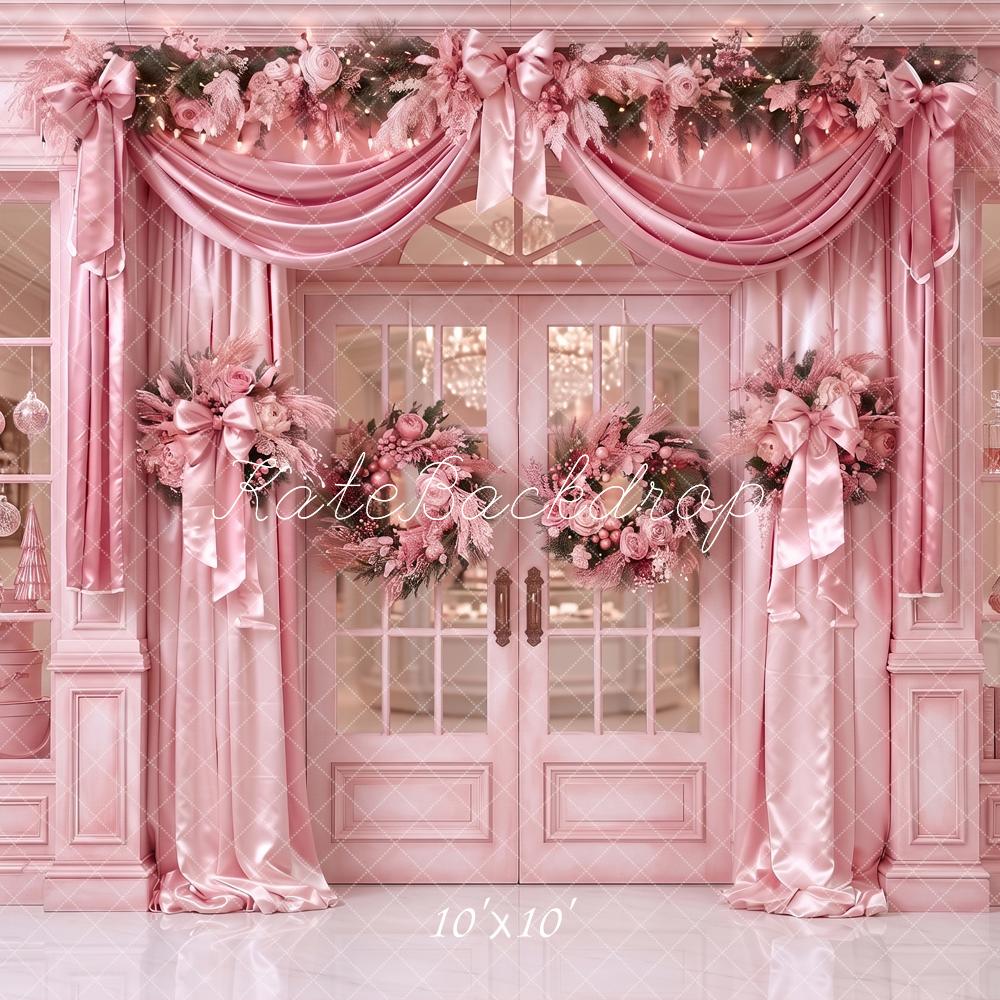 Kate Christmas Shop Pink Floral Doorway Drapery Bow Printed Backdrop Designed by Angela Miller
