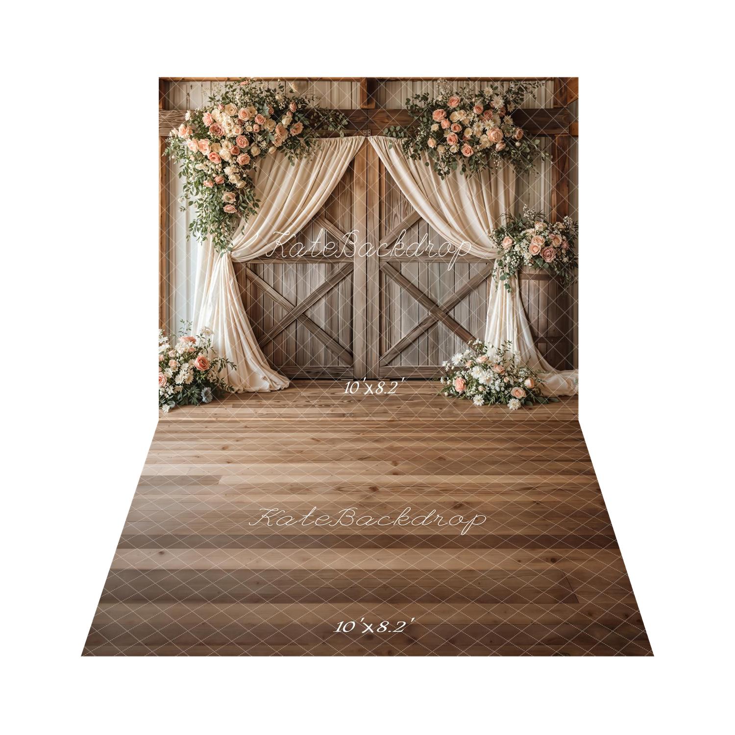Kate Spring Romantic Flower Arch Barn Doors Cream Drapes Backdrop+Brown Wood Plank Floor Backdrop Backdrop