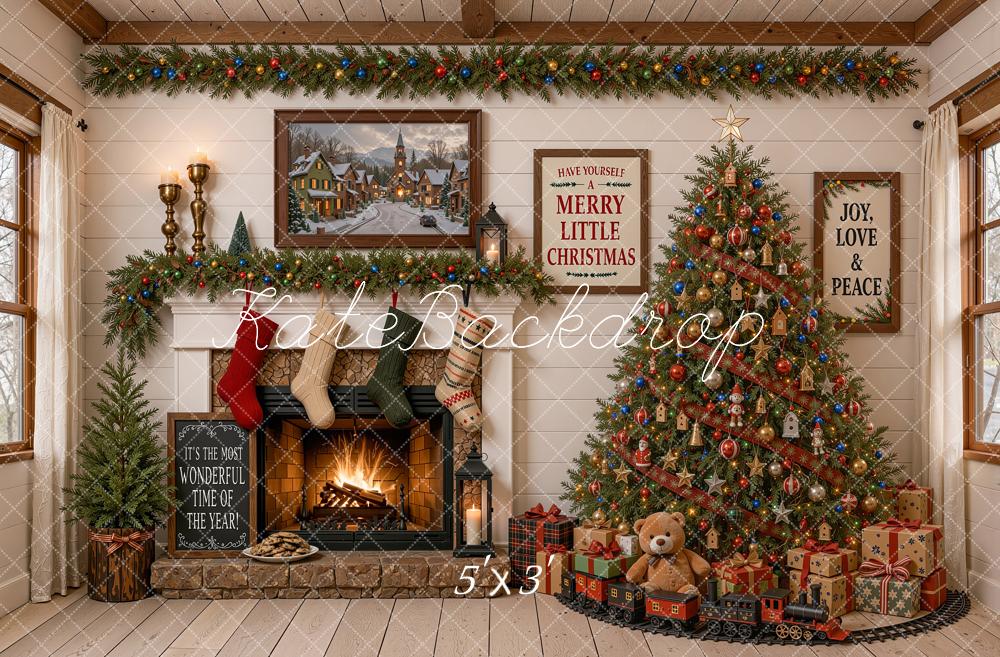 Kate Christmas Fireplace Christmas Tree Toys Train Rustic Printed Backdrop Designed by Shutter Swan Studios