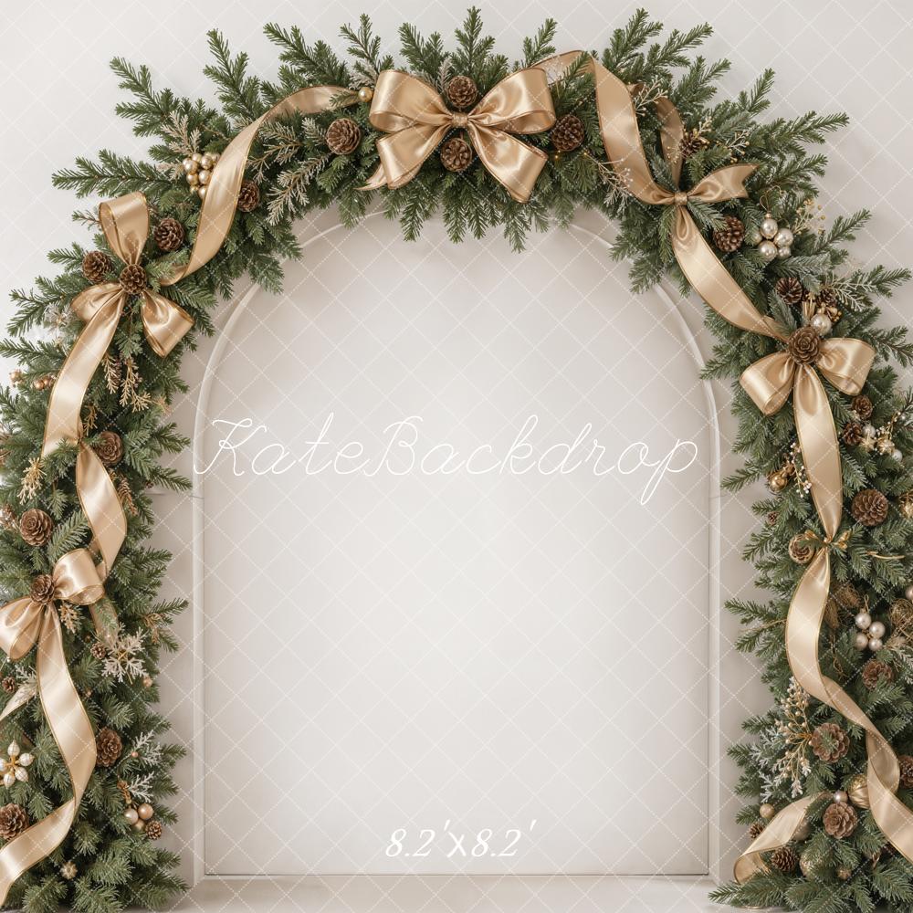 Kate Christmas Evergreen Garland Arch Champagne Ribbon Bows Printed Backdrop Designed by Emetselch