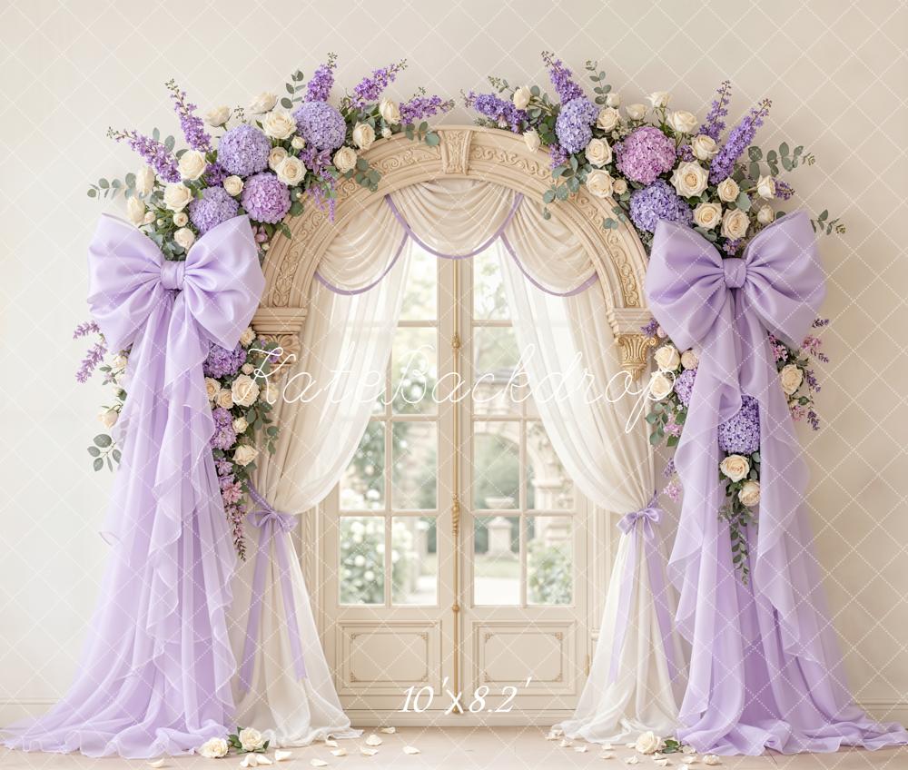 Kate Mother's Day Flower Arch Purple Bow Drapes Window Printed Backdrop Designed by Emetselch