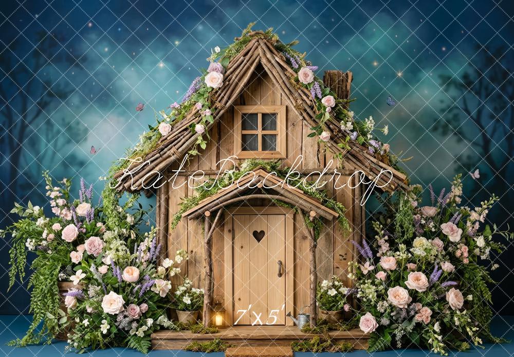 Kate Fairy Fantasy House Flowers Night Blue Printed Backdrop Designed by Patty Roberts