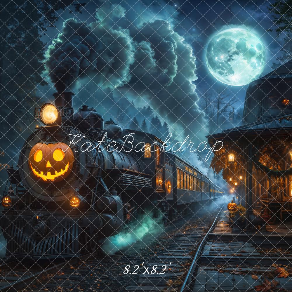 Kate Halloween Haunted Train Station Pumpkin Lantern Moon Printed Backdrop Designed by Emetselch
