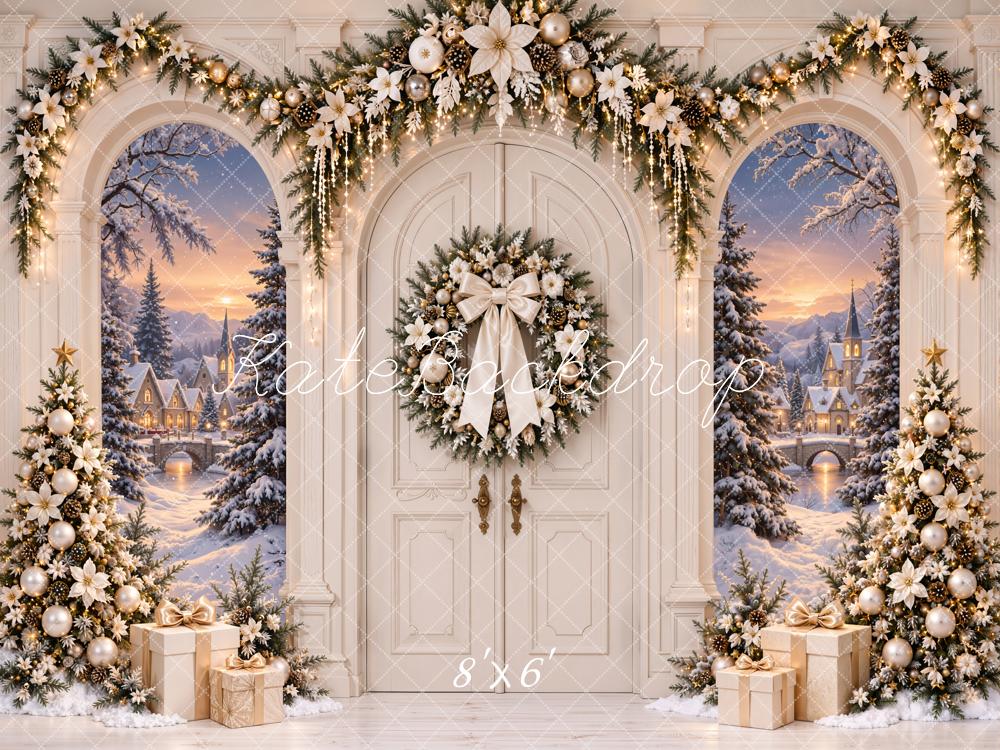 Kate Christmas Arch Door Snowy Village Wreath Trees Printed Backdrop Designed by Emetselch