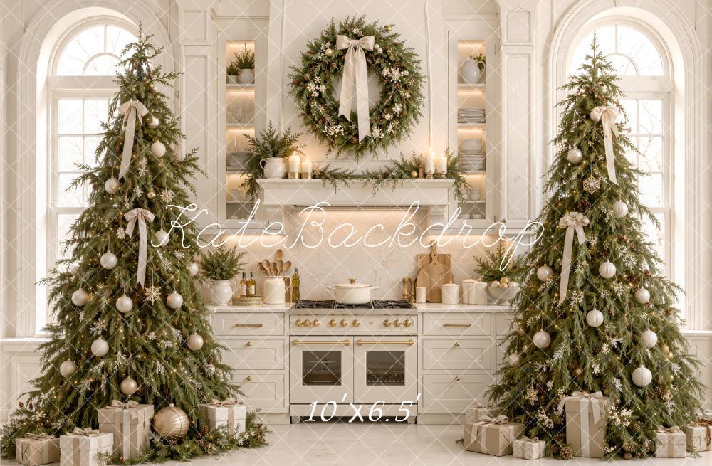 Kate Christmas White Kitchen Trees Wreath Bow Arched Window Printed Backdrop Designed by Emetselch