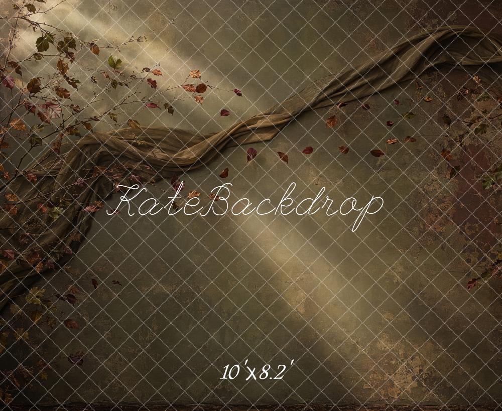 Kate Fall Branches Draped Fabric Light Rays Olive Green Printed Backdrop Designed by Shutter Swan Studios