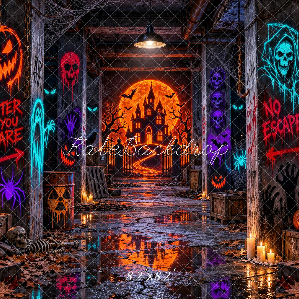 Kate Halloween Haunted Castle Hallway Pumpkins Printed Backdrop Designed by Emetselch