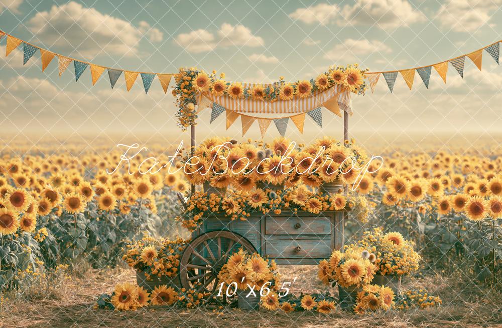 Kate Fall Sunflower Flower Cart Field Bunting Printed Backdrop Designed by Angela Miller
