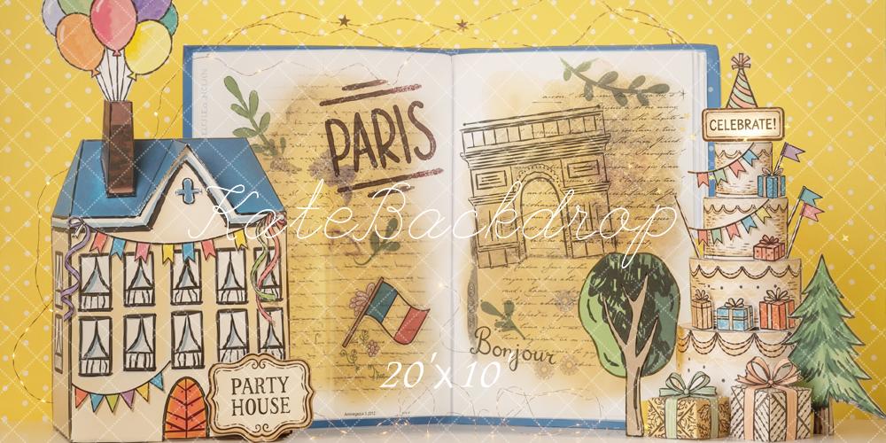 Kate Paris Party House Open Book Balloons Cake Printed Backdrop Designed by Emetselch