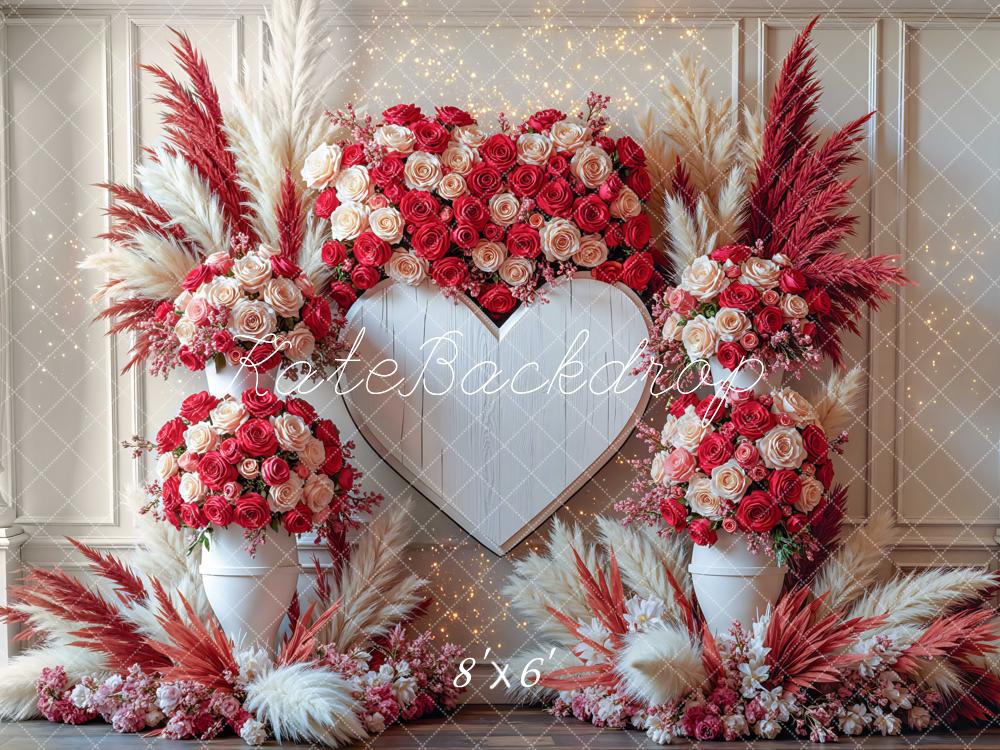 Kate Valentines Boho Wood Heart Red White Roses Pampas Grass Backdrop Designed by Mini MakeBelieve