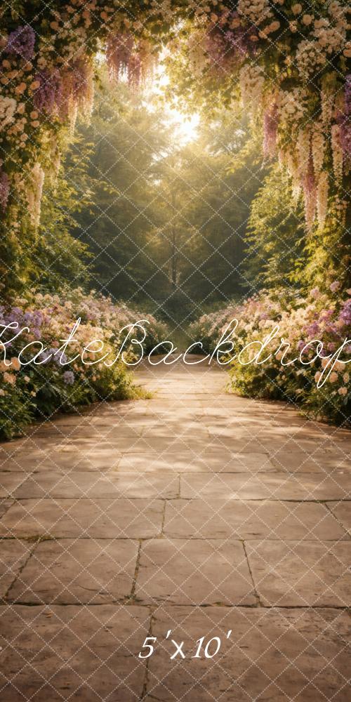 Kate Sweep Flower Arch Sunlit Stone Path Printed Backdrop Designed by Vertigo Productions