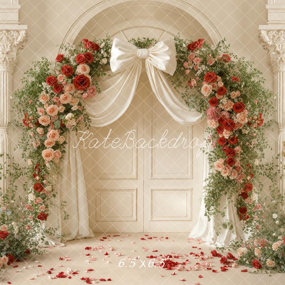 Kate Valentines Flower Arch Bow Ivory Columns Roses Indoor Backdrop Designed by Emetselch