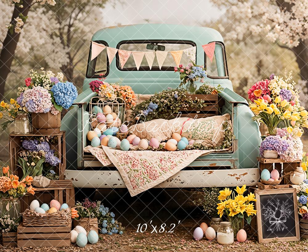 Kate Easter Spring Truck Pastel Eggs Flowers Printed Backdrop Designed by Emetselch