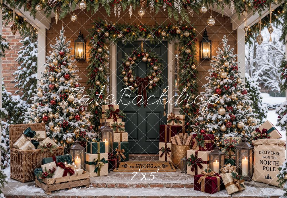 Kate Christmas Snowy Front Porch Trees Wreath Gifts Printed Backdrop Designed by Shutter Swan Studios