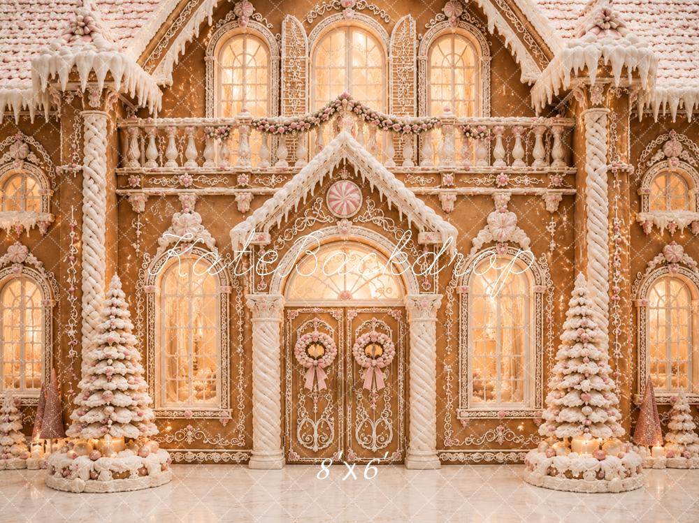 Kate Christmas Snowy Gingerbread Palace Printed Backdrop Designed by Caitlin Lynch