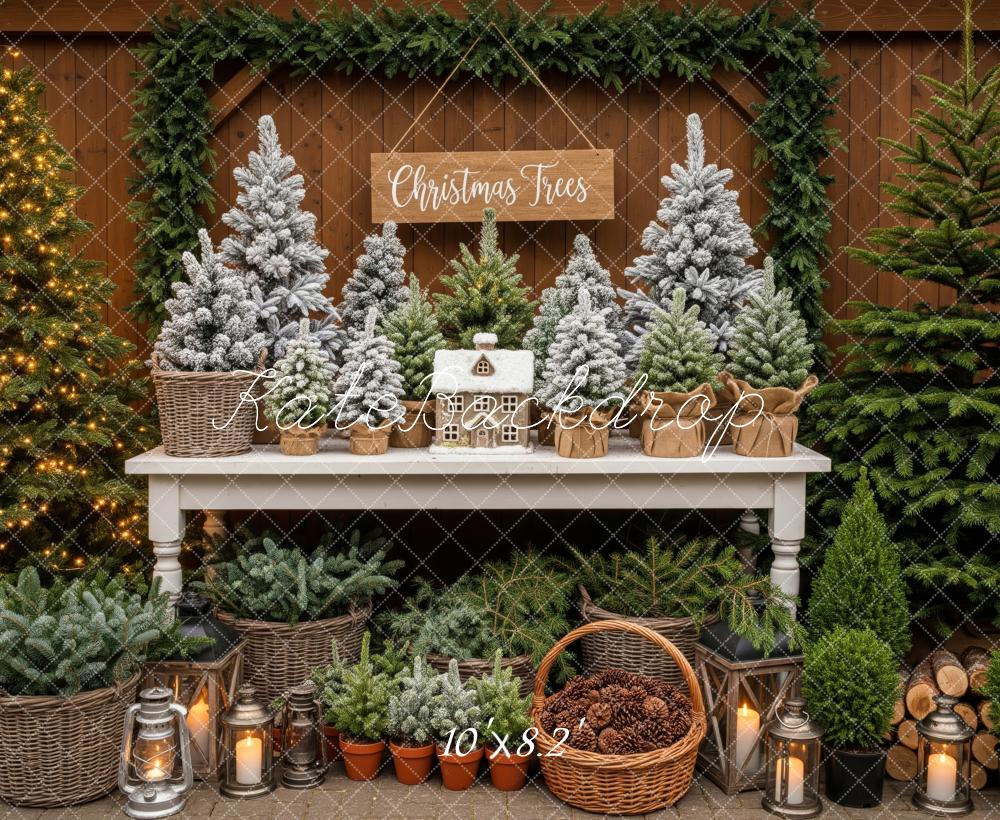 Kate Christmas Greenery Snowy Pine Trees Table Display Backdrop Designed by Patty Roberts