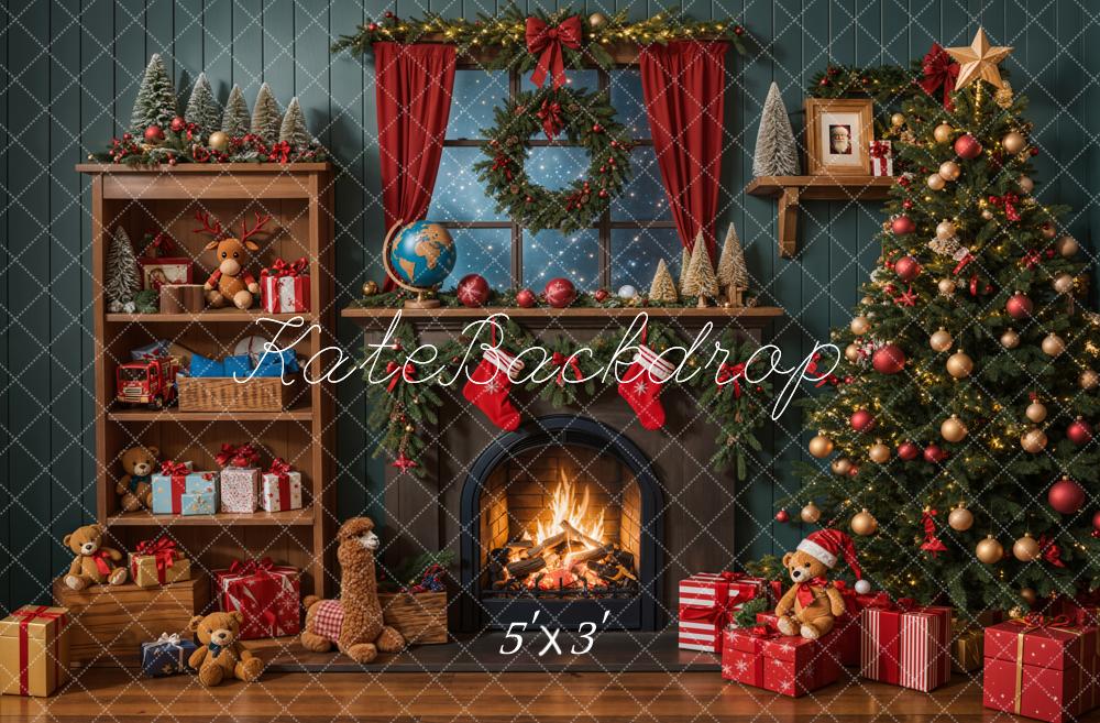 Kate Christmas Tree Fireplace Shelf Gifts Fleece Backdrop Designed by Emetselch