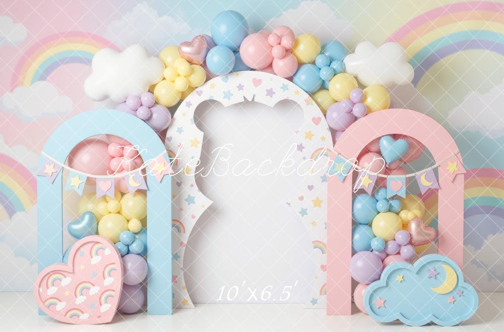 Kate Cake Smash Pastel Rainbow Balloon Heart Cloud Arches Printed Backdrop Designed by Mini MakeBelieve