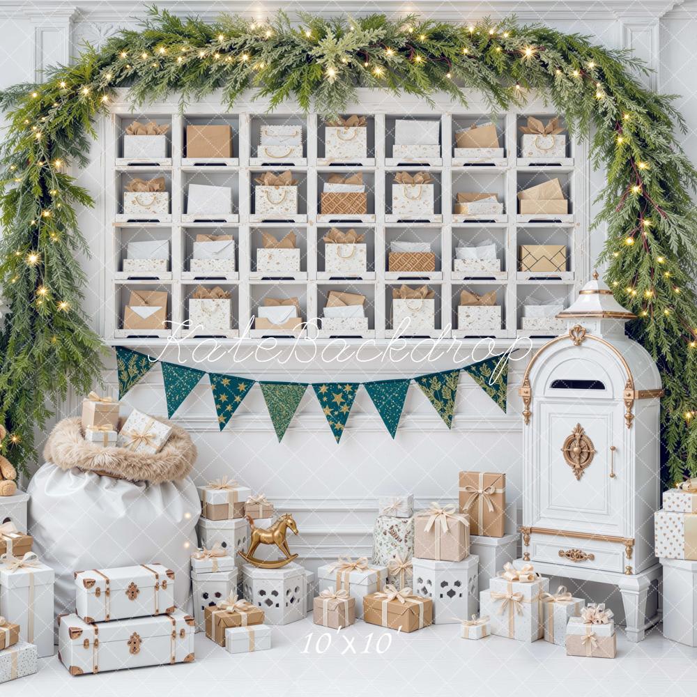 Kate Christmas White Interior Mailbox Evergreen Garland Gift Printed Backdrop Designed by Mini MakeBelieve