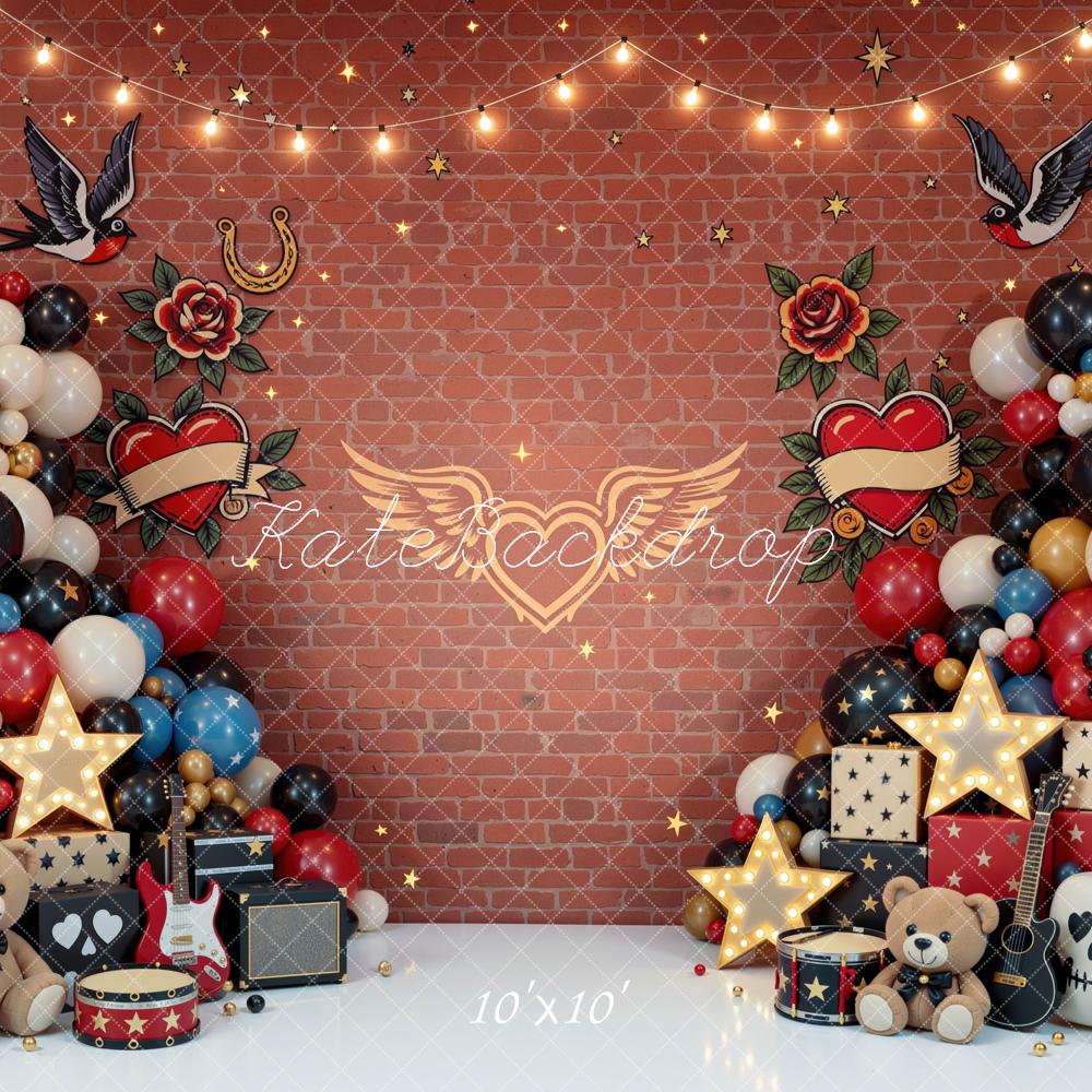 Kate Cake Smash Tattoo Rock and Roll Balloons Gifts Brick Wall Printed Backdrop Designed by Mini MakeBelieve