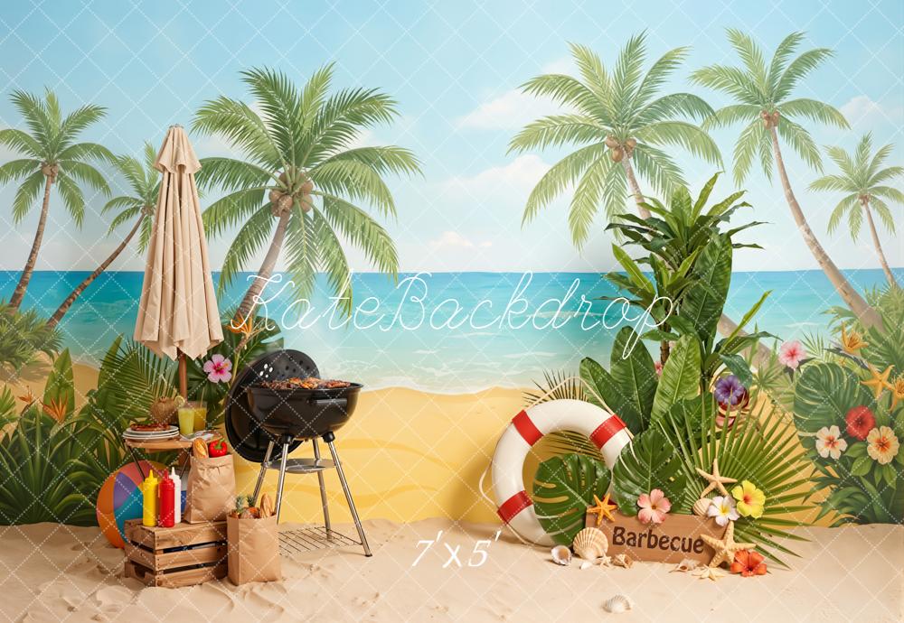 Kate Summer Beach Palm Trees Barbecue Umbrella Flowers Backdrop Designed by Emetselch