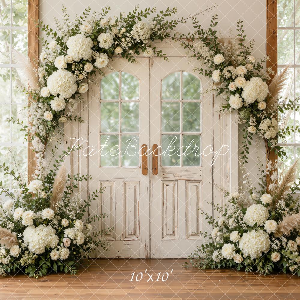 Kate Spring White Flower Arch Double Glass-paneled Doors Printed Backdrop Designed by Emetselch