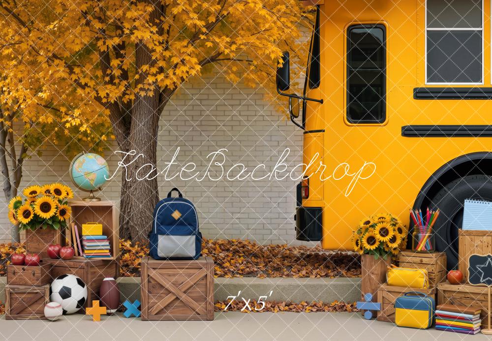 Kate Back To School Bus Maple Tree Backpack Soccer Ball Printed Backdrop Designed by Mini MakeBelieve