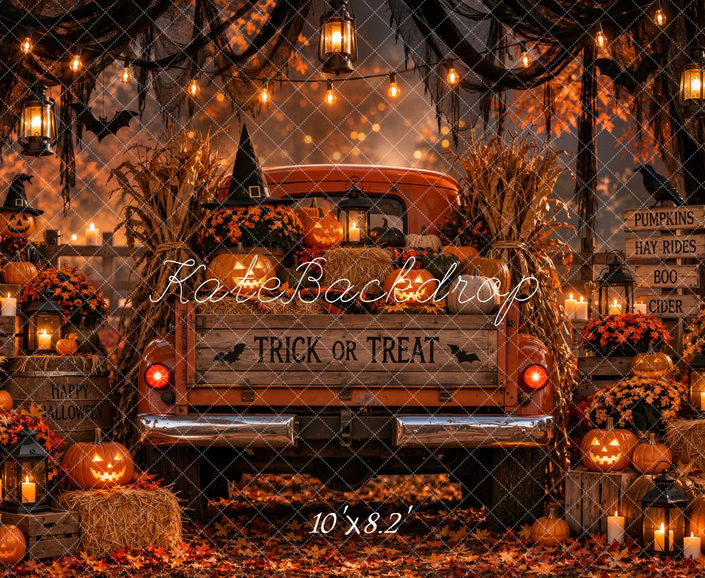 Kate Halloween Orange Vintage Truck Pumpkins Hay Bales Lanterns Printed Backdrop Designed by Emetselch