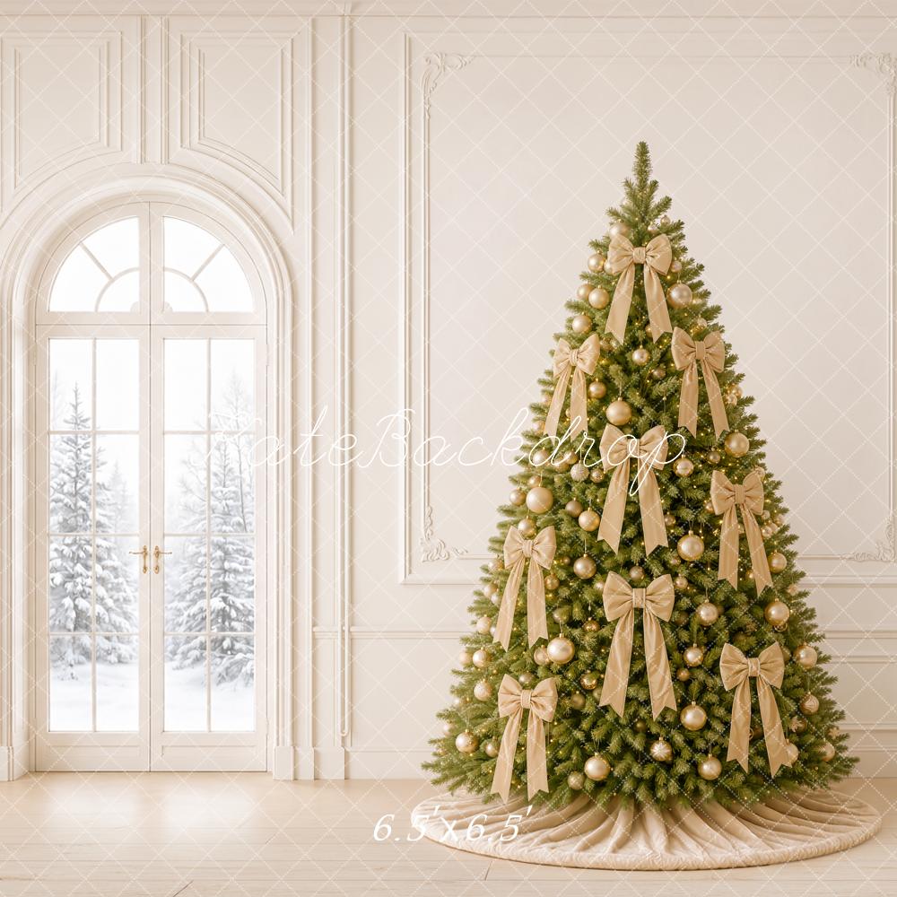 Kate Christmas Gold Bow Tree Elegant White Wall Printed Backdrop Designed by Emetselch