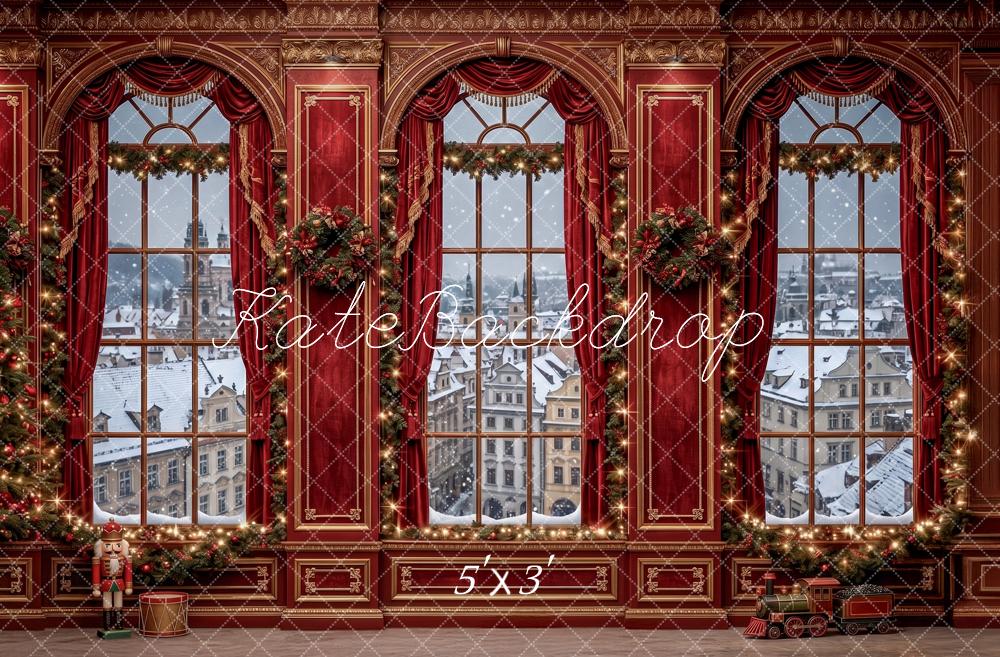 Kate Christmas Ornate Red Arched Windows Snowy City Printed Backdrop Designed by Angela Miller