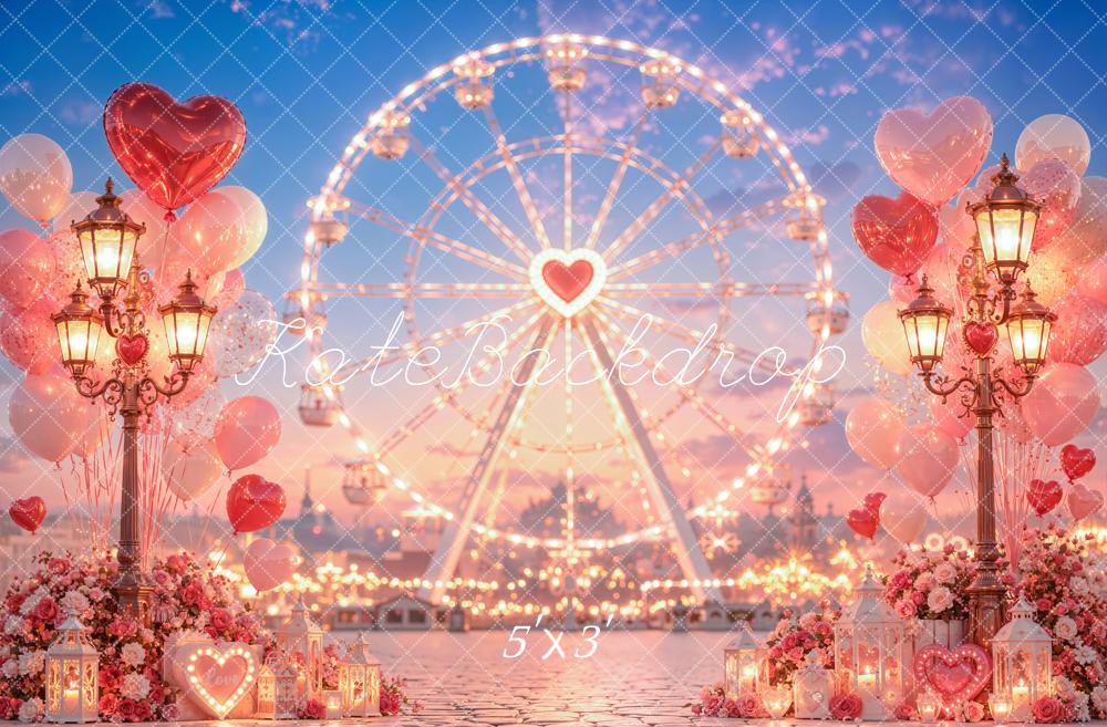 Kate Valentine's Day Ferris Wheel Hearts Balloons Street Printed Backdrop Designed by Emetselch