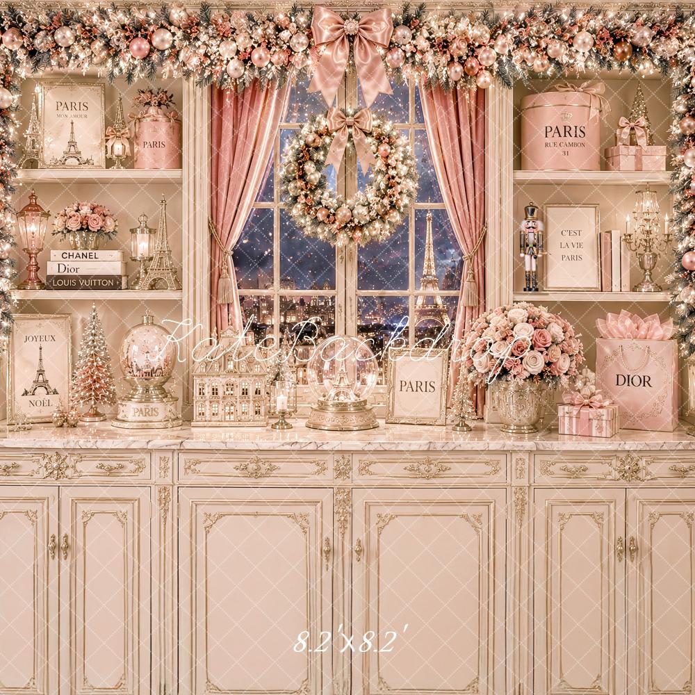 Kate Christmas Pink Paris Kitchen Cabinet Elegant Printed Backdrop Designed by Ashley Paul