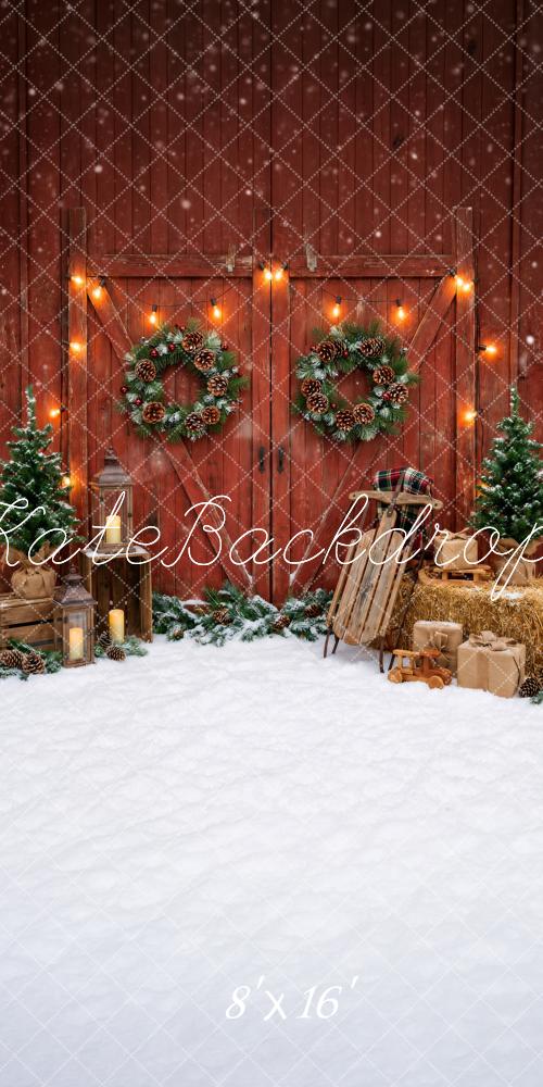 Kate Sweep Christmas Red Barn Doors Wreaths String Lights Printed Backdrop Designed by Happy Squirrel Design
