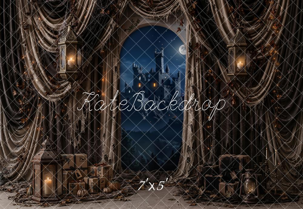 Kate Halloween Spooky Castle Moon Lanterns Shabby Draped Curtains Printed Backdrop Designed by Emetselch