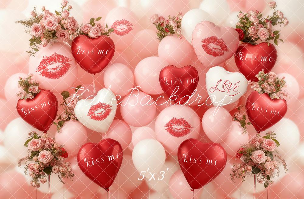 Kate Valentine's Day Heart Balloons Roses Kiss Print Backdrop Designed by Emetselch