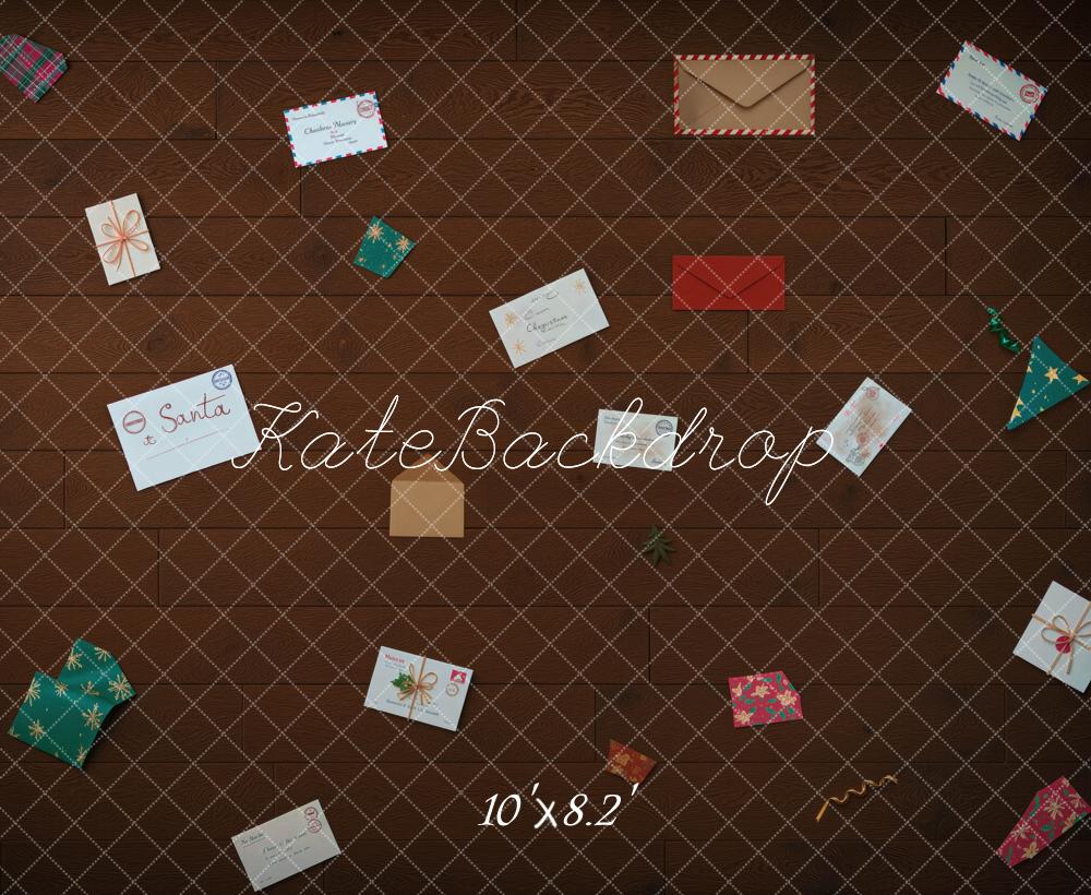 Kate Christmas Letters Envelopes And Gifts On Brown Wood Floor Printed Backdrop Designed by Mini MakeBelieve