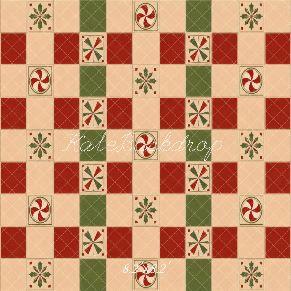 Kate Christmas Patchwork Peppermint Holly Checkerboard Floor Printed Backdrop Designed by Vertigo Productions