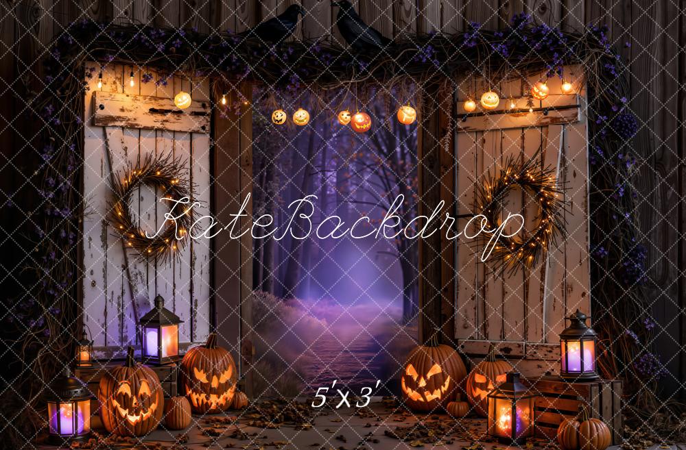 Kate Halloween Night Haunted Barn Doors Jack-o-Lanterns Printed Backdrop Designed by Emetselch