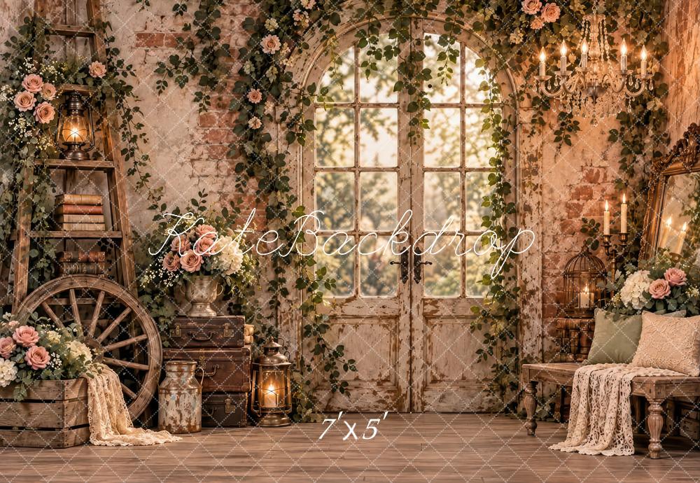 Kate Spring Brown Vintage Floral Brick Wall French Door Printed Backdrop Designed by Laura Bybee
