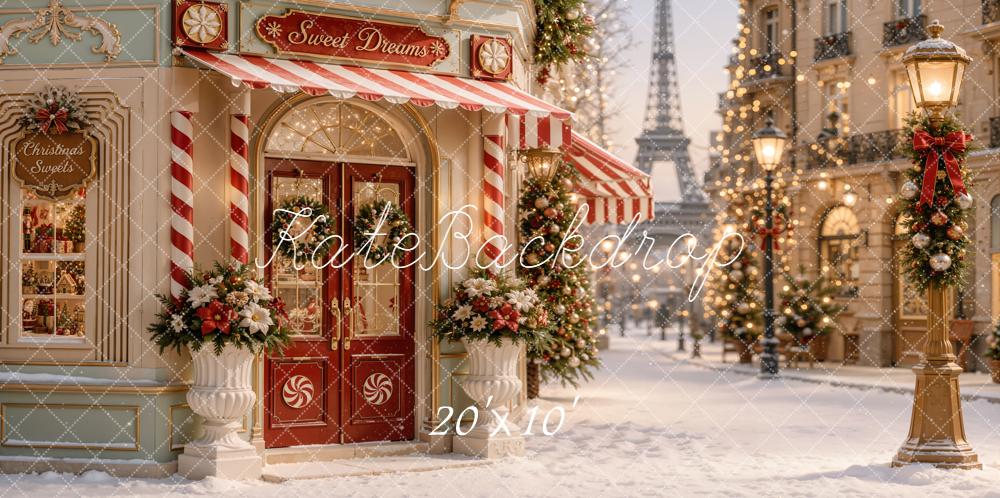 Kate Christmas Paris Candy Shop Snowy Street Printed Backdrop Designed by Emetselch