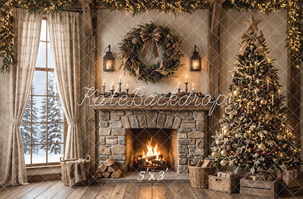 Kate Christmas Rustic Stone Fireplace Tree Window Printed Backdrop Designed by Emetselch