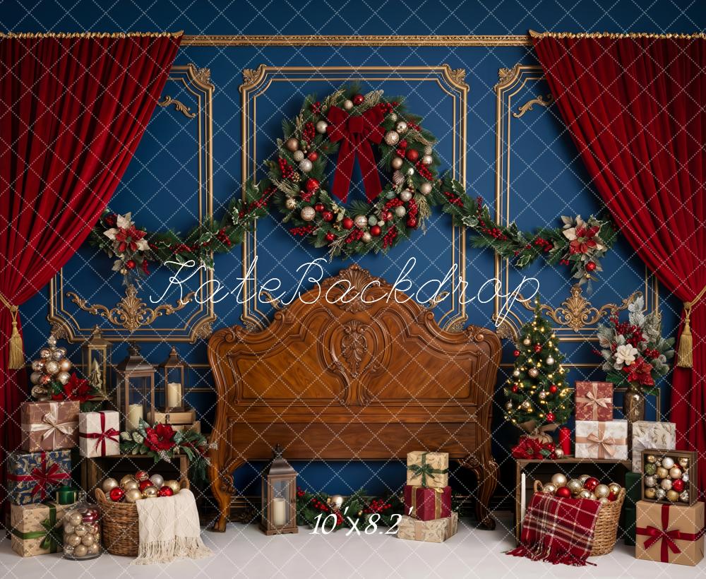 Kate Christmas Headboard Wreath Red Curtains Gifts Printed Backdrop Designed by Patty Roberts