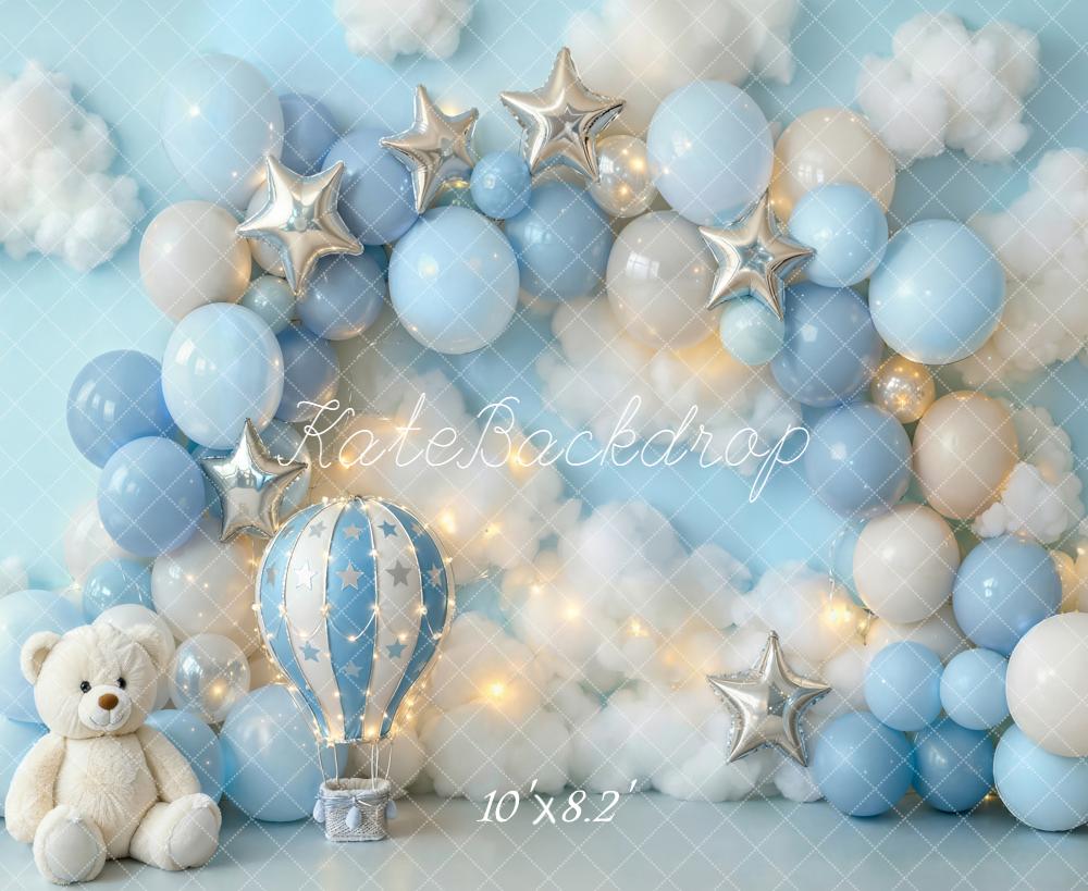 Kate Cake Smash Blue Balloon Arch Hot Air Balloon Teddy Bear Stars Printed Backdrop Designed by Emetselch