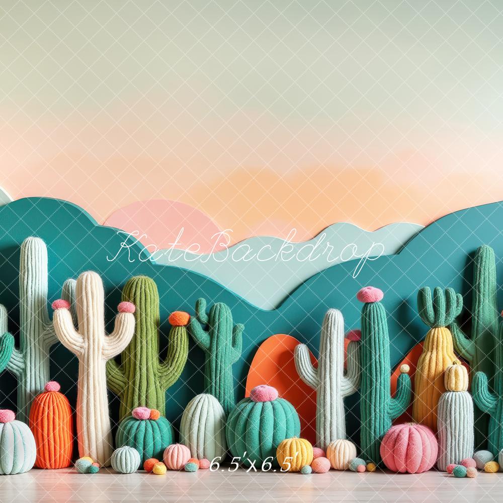 Kate Colorful Cactus Pumpkin Mountains Printed Backdrop Designed by Laura Bybee