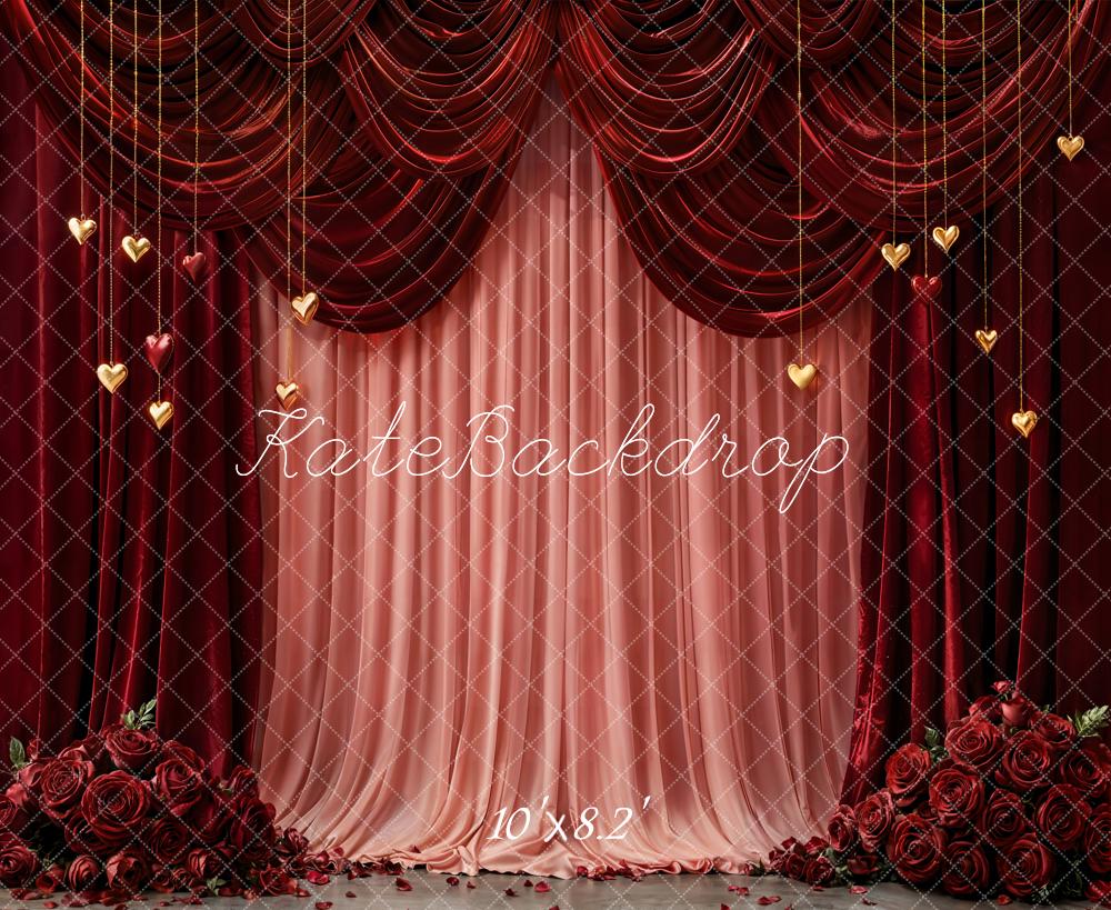 Kate Valentine's Day Red Curtains Pink Drapes Gold Hearts Roses Backdrop Designed by Emetselch