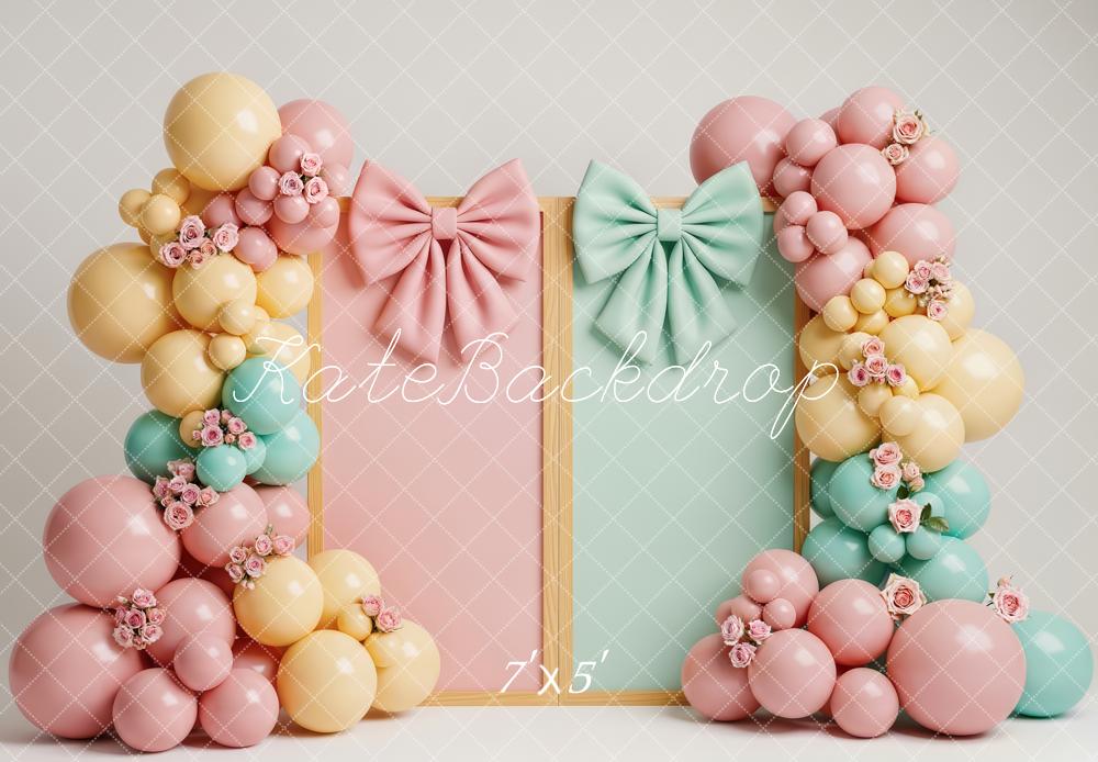 Kate Cake Smash Pastel Balloon Arch Flowers Bows Printed Backdrop Designed by Patty Roberts