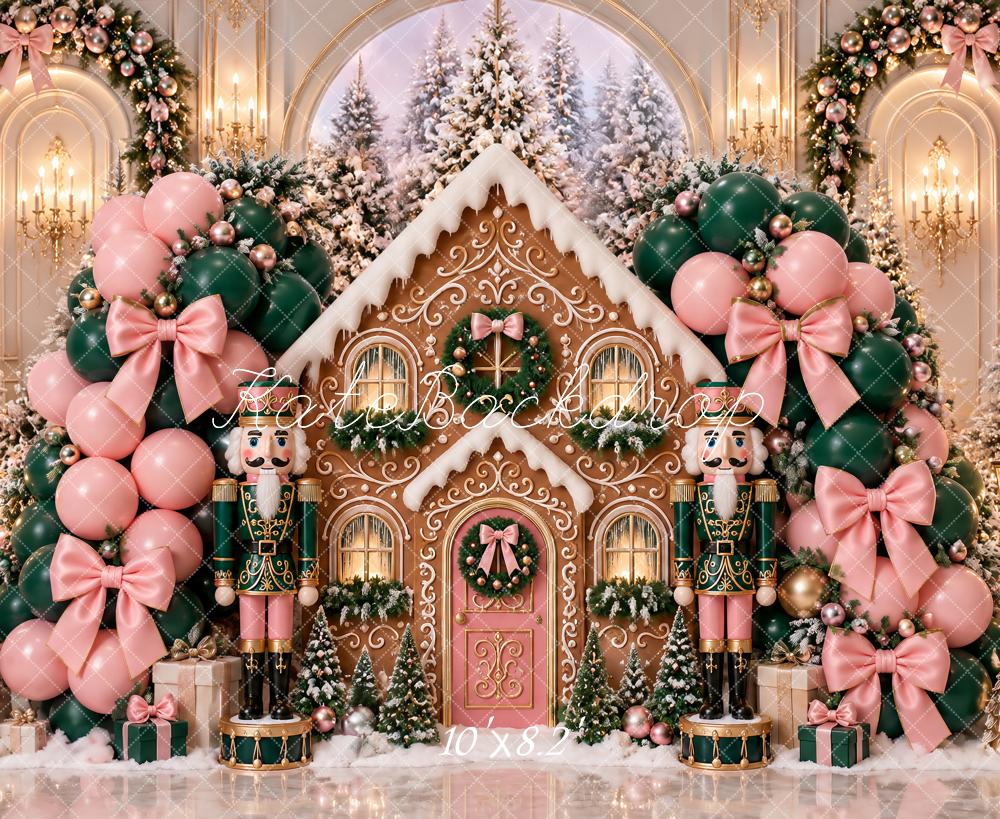 Kate Christmas Cake Smash Gingerbread House Nutcracker Balloon Pink Bow Printed Backdrop Designed by Ashley Paul