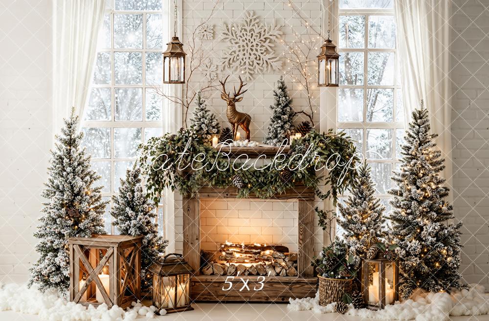 Kate Christmas Fireplace Snowy Trees Lanterns Reindeer Window Backdrop Designed by Emetselch