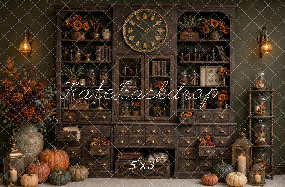Kate Fall Vintage Apothecary Cabinet Clock Pumpkins Printed Backdrop Designed by Patty Roberts