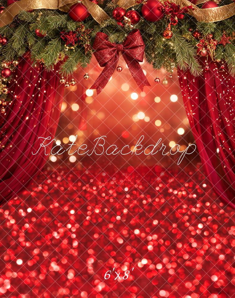 Kate Christmas Red Curtain Bokeh Garland Bow Backdrop Designed by Emetselch